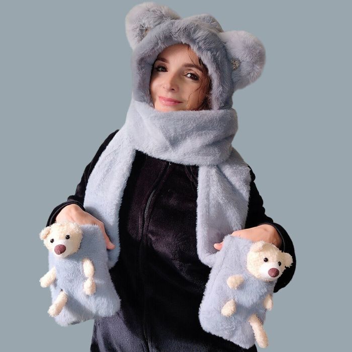 Hat-scarf with ears and scarf R2189 (gray)