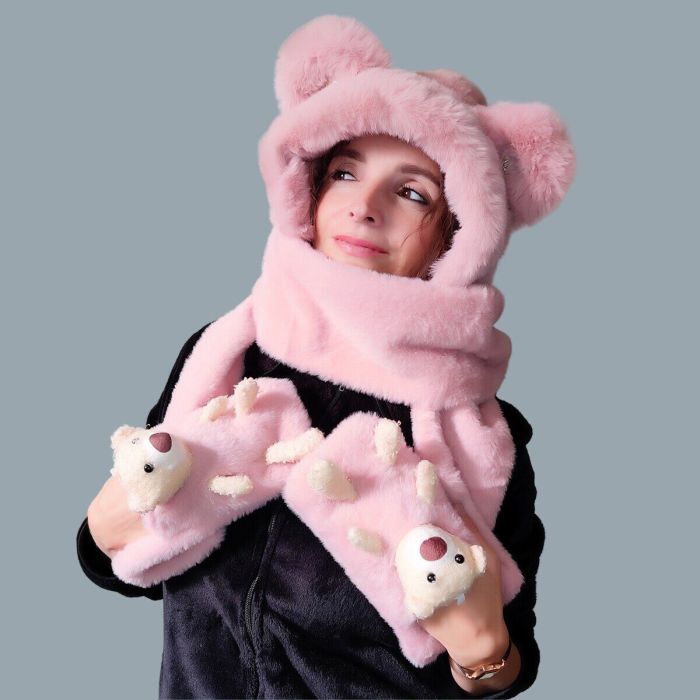 Hat-scarf with ears and scarf R2190 (Pink fur)