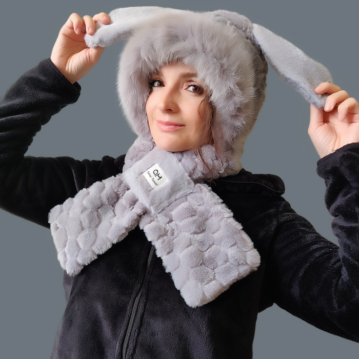 Bunny hat-scarf with ears R2185 (gray fur)