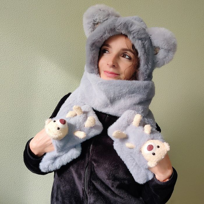 Hat-scarf with ears and scarf R2189 (gray)